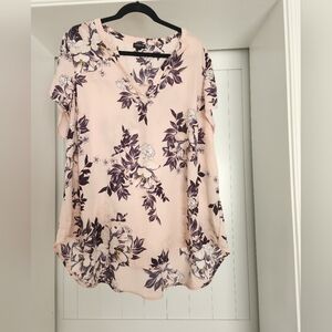 Torrid Floral V-Neck Blouse - Light Pink and Dark Purple